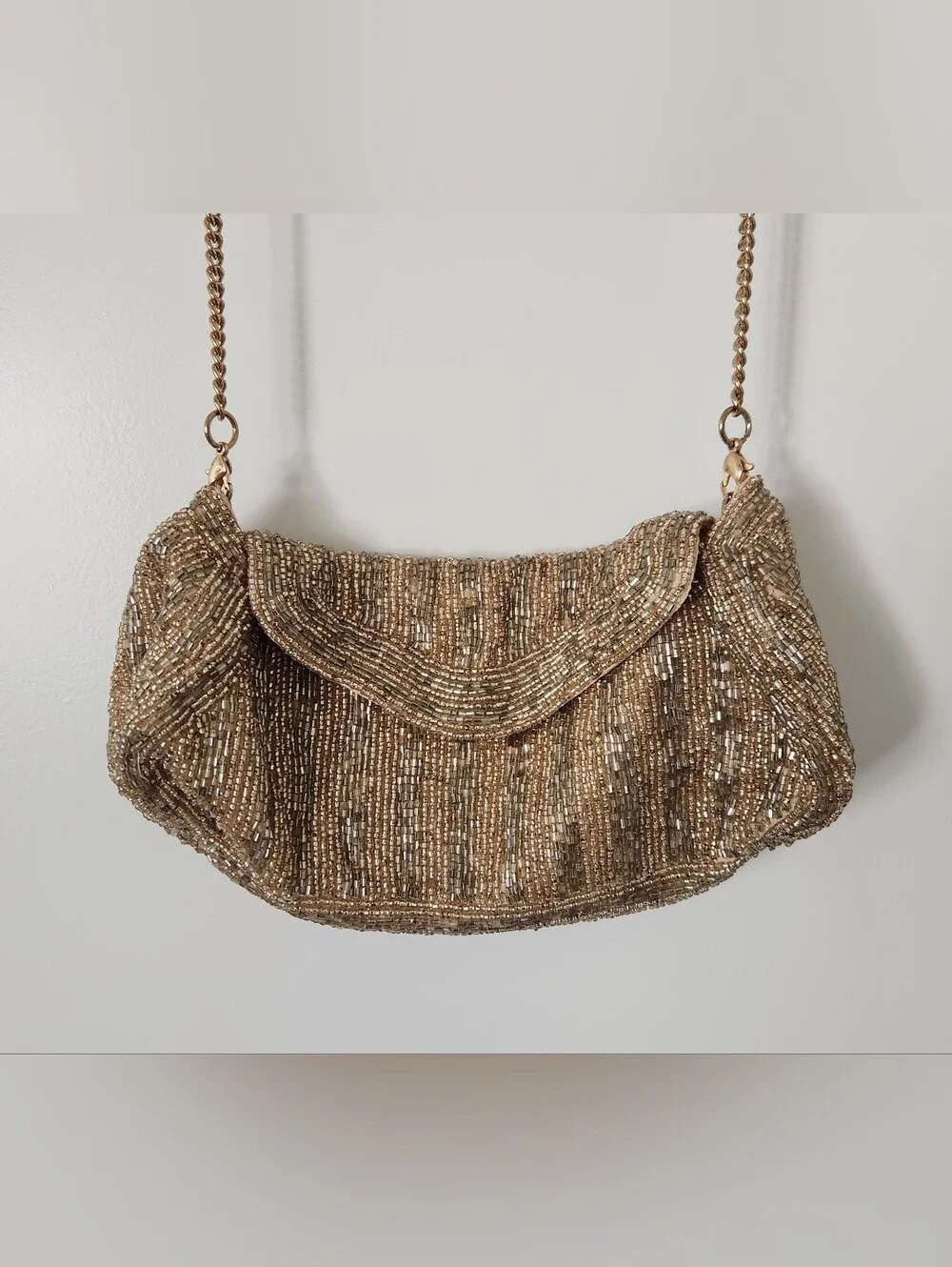 Anthropologie Gold Beaded Chain-Handle Clutch